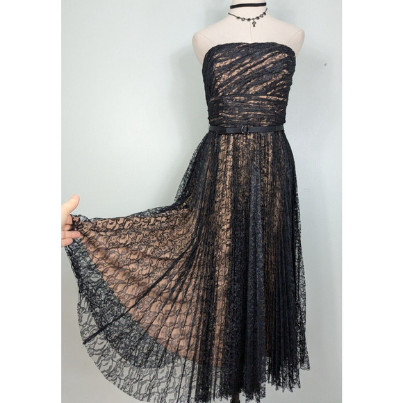 Badgley Mischka Midi Dress Cocktail Gown Black 8 Lace Strapless Glam Classic - Picture 1 of 16